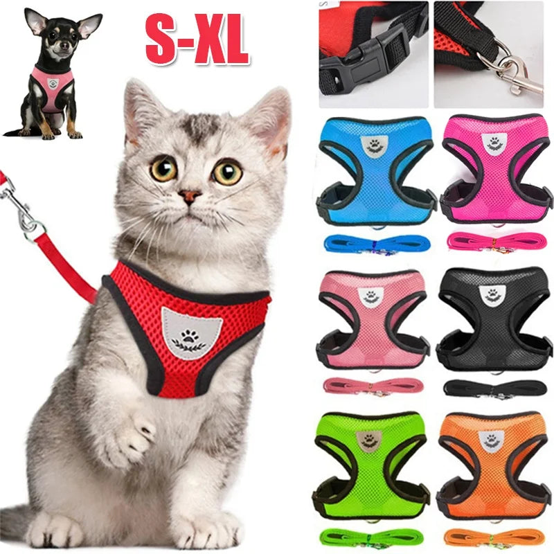 Breathable Mesh Pet Harness with Leash – Reflective, Adjustable Vest for Small Dogs & Cats
